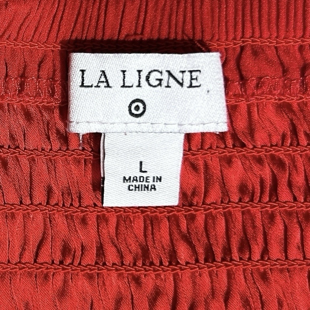 LA LIGNE Red Midi Dress sz L Smocked Bodice Balloon Sleeve Minimalist Workwear - Picture 9 of 12